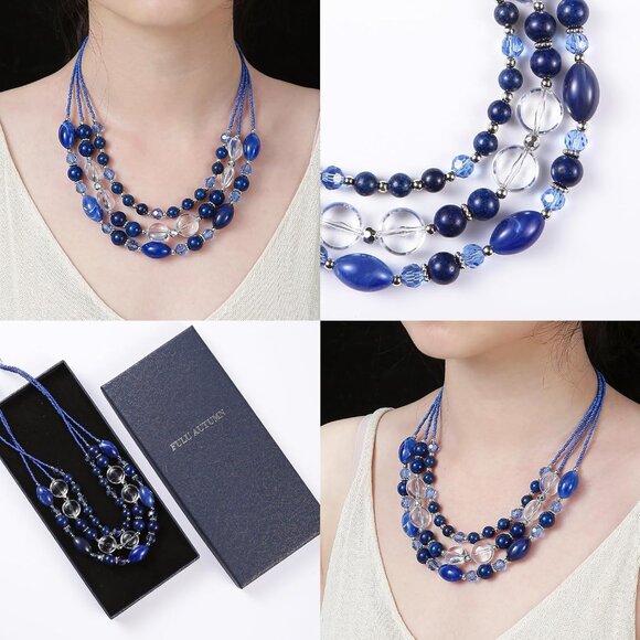 Sapphire multi-strand layered beaded crystal necklace for women with lobster cla - Picture 4 of 7